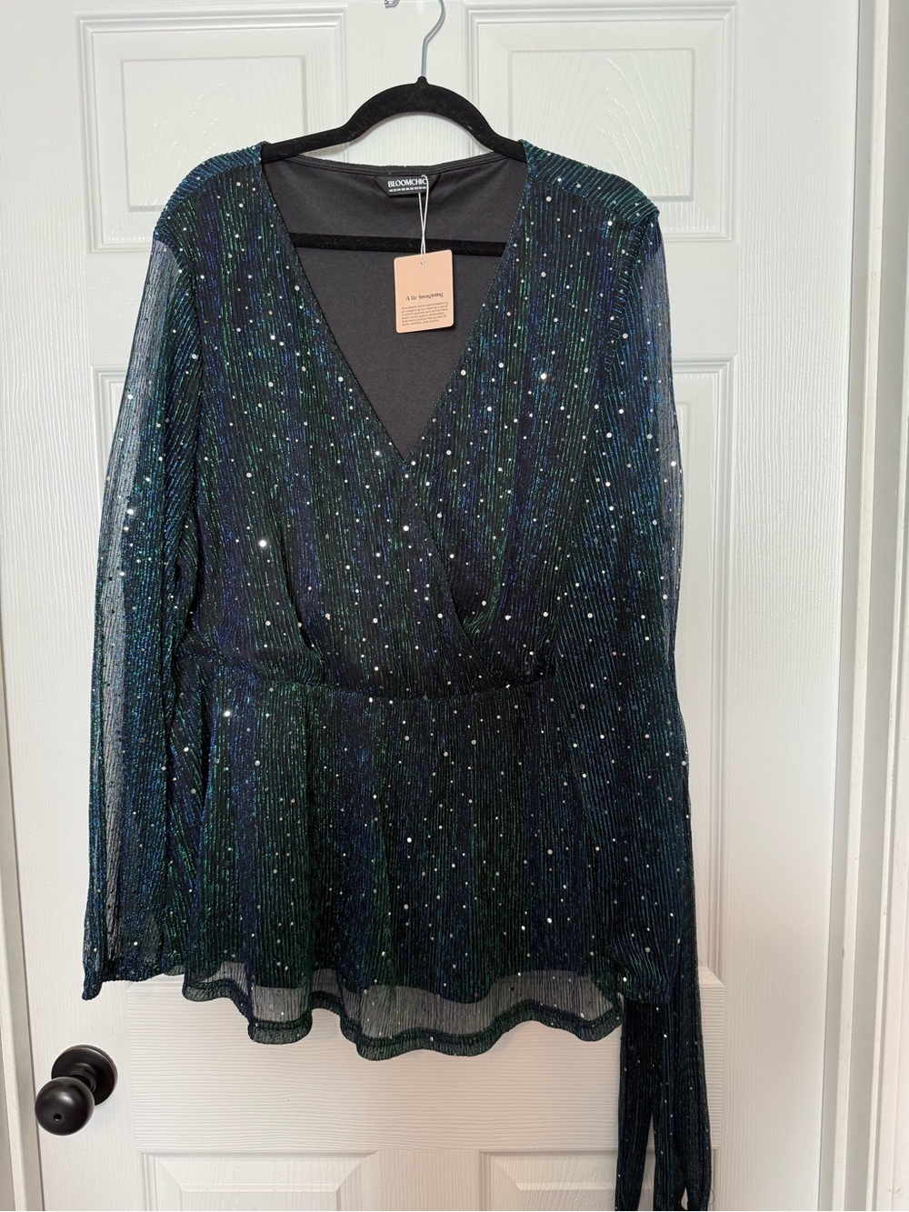 BloomChic Black Iridescent V-Neck Sparkle Wrap Blouse